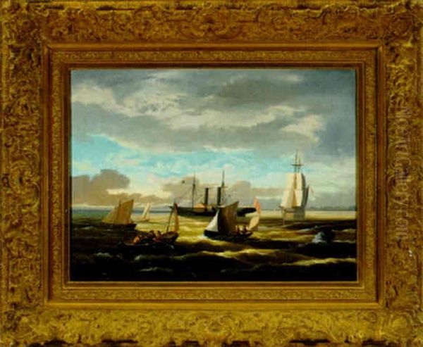 Ships In An Estuary Oil Painting by Nicolaas Riegen