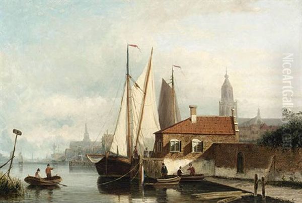 A View Of A Town With Sailing Vessels In A Harbour Oil Painting by Nicolaas Riegen