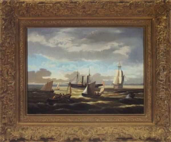 Ships In An Estuary Oil Painting by Nicolaas Riegen