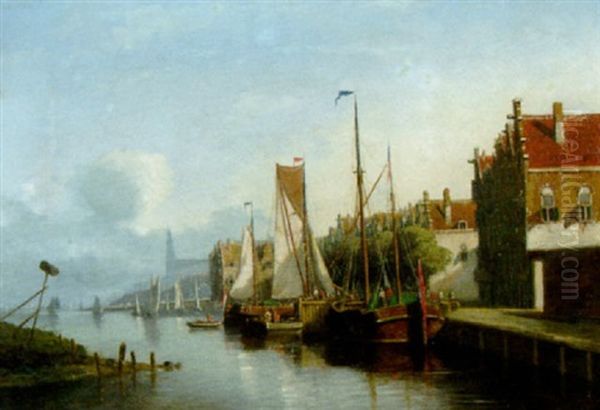 Sailing Vessels Along A Quay, A Church Towering In The Distance by Nicolaas Riegen