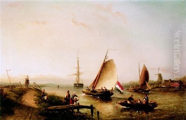 A River Scene With Shipping And Figures In The Foreground Oil Painting by Nicolaas Riegen