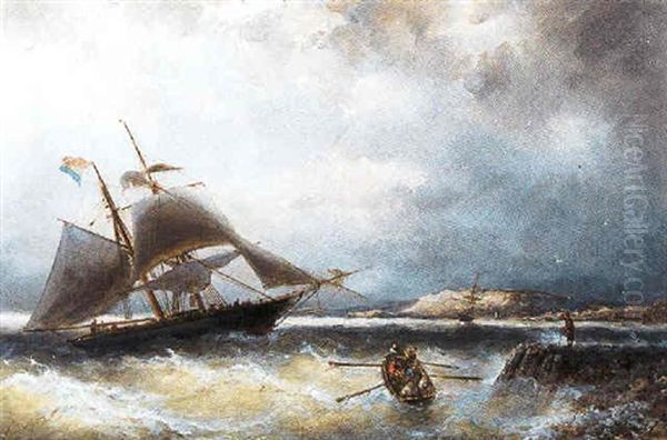 Doorbrekende Zon Hollands Zeilschip En Een Roeiboot Bij De Kust Oil Painting by Nicolaas Riegen