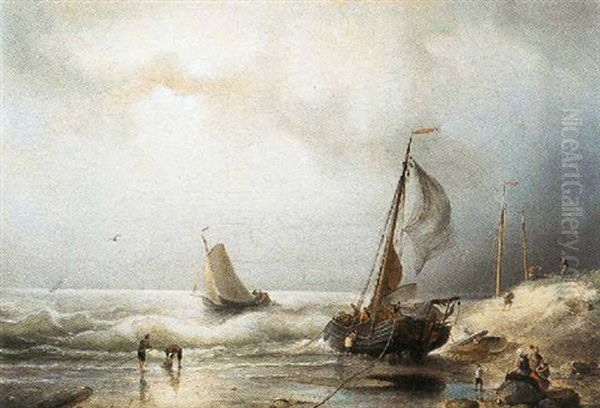 Aangemeerde Vissersboot Bij Stormachtig Weer Oil Painting by Nicolaas Riegen