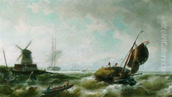 Sailing Vessels In Choppy Waters Oil Painting by Nicolaas Riegen