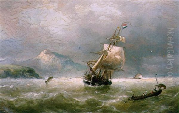 Zeilschepen Op Woeste Zee Nabij De Kust Oil Painting by Nicolaas Riegen