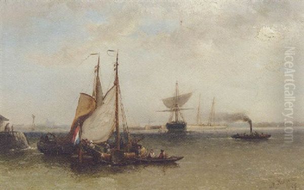 Moored Sailing Vessels In A Sunlit Estuary Oil Painting by Nicolaas Riegen