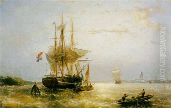 Sailing Vessels On The Ij, Amsterdam Oil Painting by Nicolaas Riegen