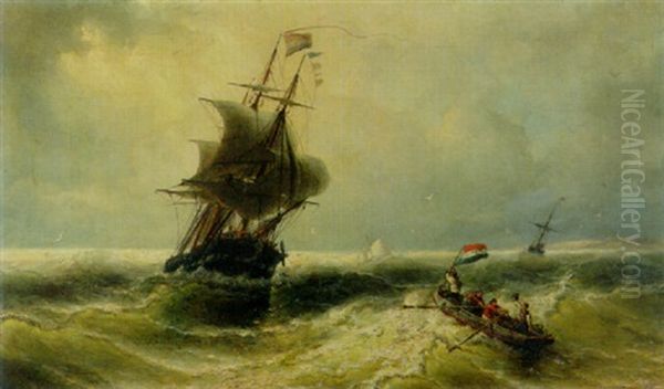 Sailors In A Rowing-boat Approaching A Dutch Three-master In A Swell Oil Painting by Nicolaas Riegen