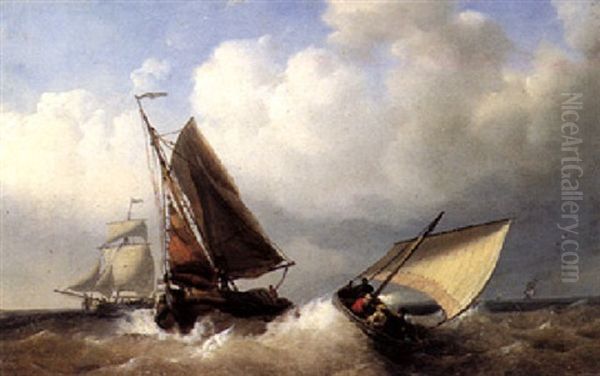 Sailing Vessels Near The Shore Oil Painting by Nicolaas Riegen