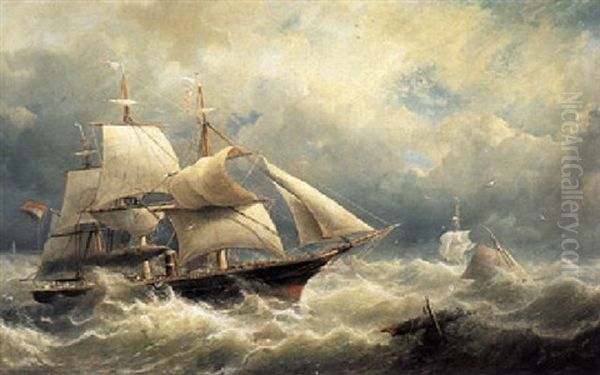 A Dutch Threemaster On A Choppy Sea Oil Painting by Nicolaas Riegen