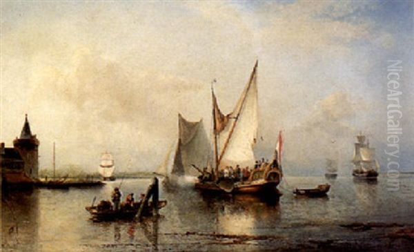 Noble Visitors Firing A Salute In The Waters Near Amsterdam Oil Painting by Nicolaas Riegen