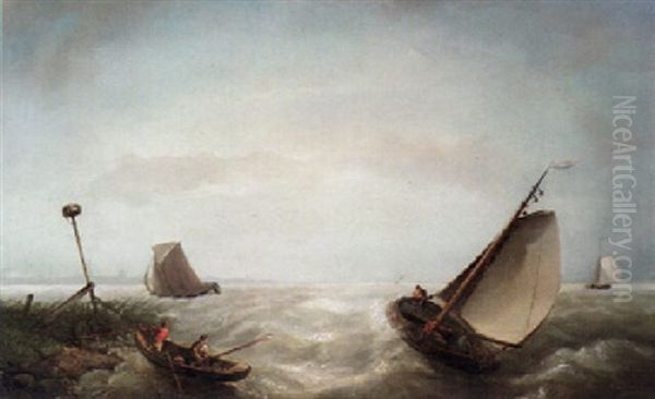 A Fishing Boat At Full Sail And Sailors In A Rowing Boat Off The Coast Oil Painting by Nicolaas Riegen