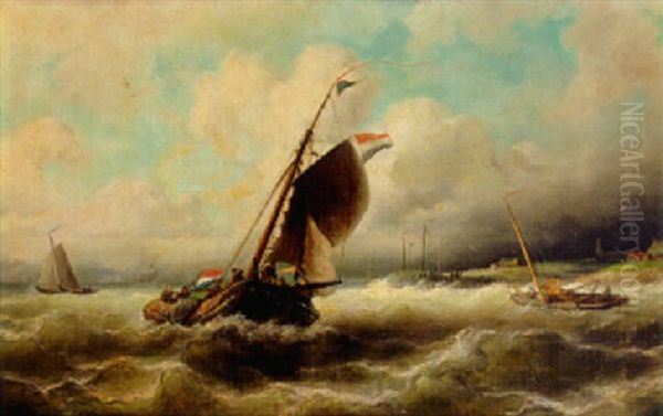 A Dutch Fishing Smack And Other Vessels Off The Coast Oil Painting by Nicolaas Riegen