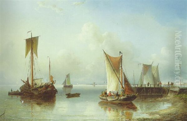 Dutch Sailing Vessels On The Scheldt Oil Painting by Nicolaas Riegen