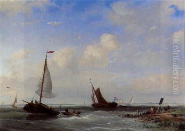 Dutch Sailing Vessels Off An Estuary Oil Painting by Nicolaas Riegen