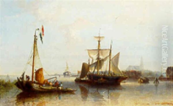 Moored Shipping In The Harbor Of A Town Oil Painting by Nicolaas Riegen