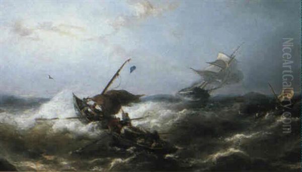 Ships Being Tossed Around At Sea Oil Painting by Nicolaas Riegen