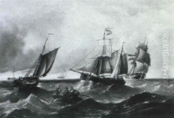 Dutch Sailing Ships In Rough Seas Oil Painting by Nicolaas Riegen