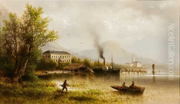 Seenlandschaft Mit Raddampfer Am Ufer Und Blick Auf Kirchdorf Oil Painting by Albert Rieger