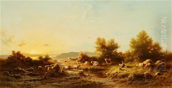 Shepherdess In The Alpine Foothills Oil Painting by Albert Rieger