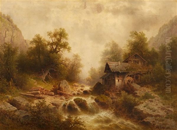 Waldmuhle Mit Wasserfall Oil Painting by Albert Rieger