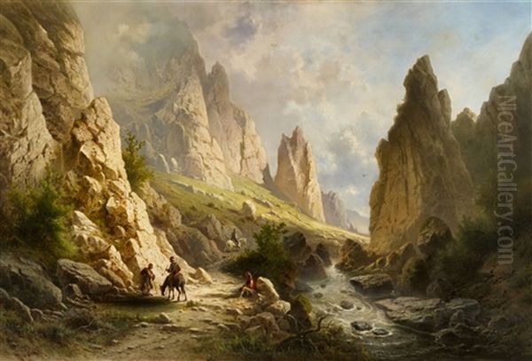 Gebirgslandschaft Oil Painting by Albert Rieger