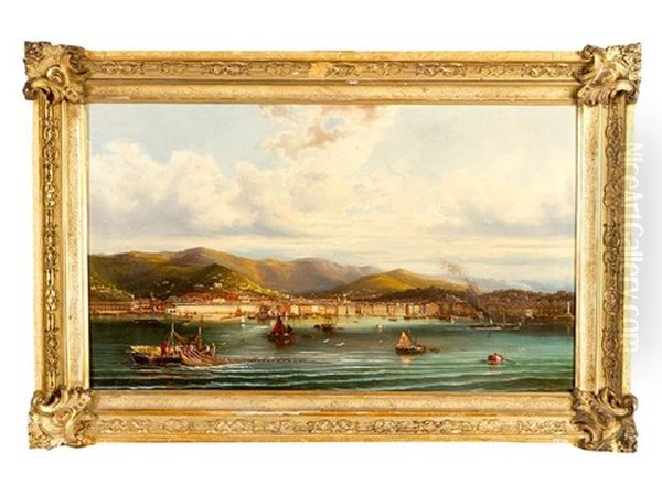 View Of Triest With The Harbour, Mountains And A Steam Boat And Other Ships And Boats Oil Painting by Albert Rieger