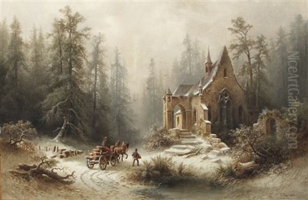 Winter At The Old Chapel Oil Painting by Albert Rieger