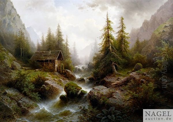 Hochgebirgslandschaft Mit Rauschendem Bach An Einer Muhle Oil Painting by Albert Rieger