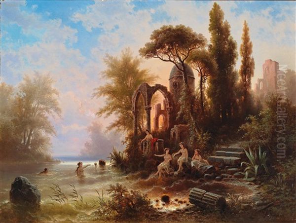 Bathers In A Romantic Landscape Oil Painting by Albert Rieger