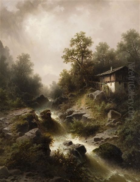 Landscape With Mountain Creek (wildbach. Partie Aus Der Salzkammergut) Oil Painting by Albert Rieger