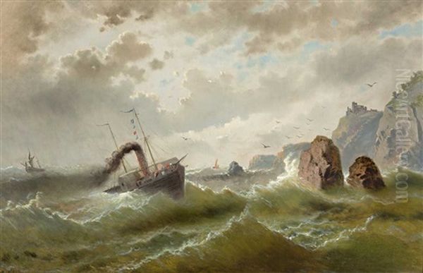 Segelboote Und Raddampfer In Sturmischer See Vor Schroffer Felsenkuste Oil Painting by Albert Rieger