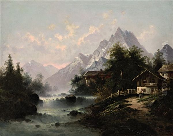 Gebirgsdorf Am Wildbach (im Stubaital ?) Oil Painting by Albert Rieger