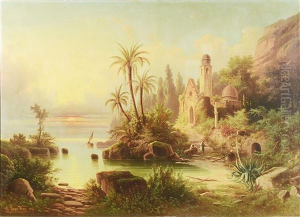 Coastal Exotic Landscape Oil Painting by Albert Rieger