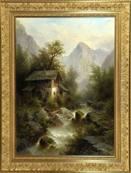 Wassermuhle Am Wildbach Im Gebirge Oil Painting by Albert Rieger