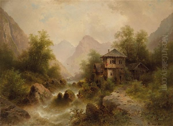 Wasserfall Mit Muhle Oil Painting by Albert Rieger