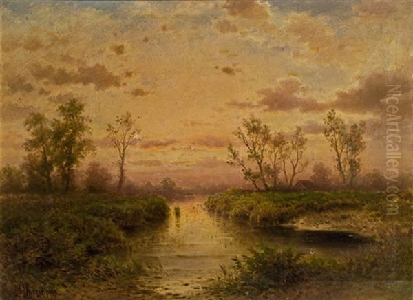 Flusslandschaft Im Abendlicht Oil Painting by Albert Rieger