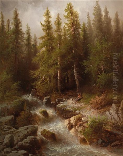 Rast Am Wildbach Oil Painting by Albert Rieger