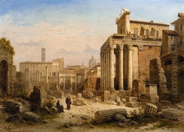 A View Of The Roman Forum Oil Painting by Albert Rieger