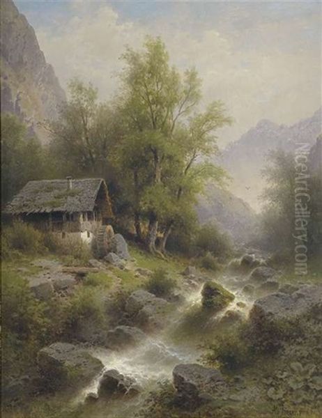 Verlassene Waldmuhle Mit Wasserfall Oil Painting by Albert Rieger