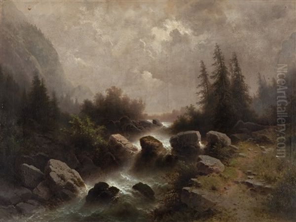 Mountain Brook /view Of Enstal Oil Painting by Albert Rieger