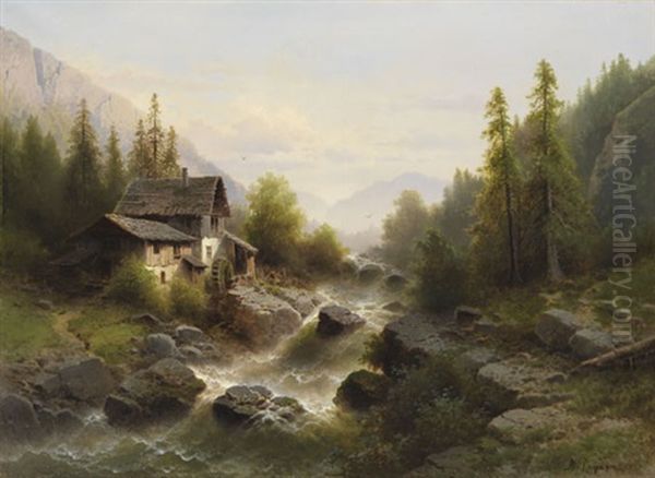 Landschaft Mit Wassermuhle Im Berner Oberland Oil Painting by Albert Rieger