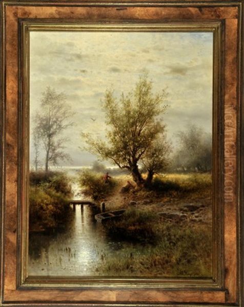 Bachlauf Mit Angler Oil Painting by Albert Rieger