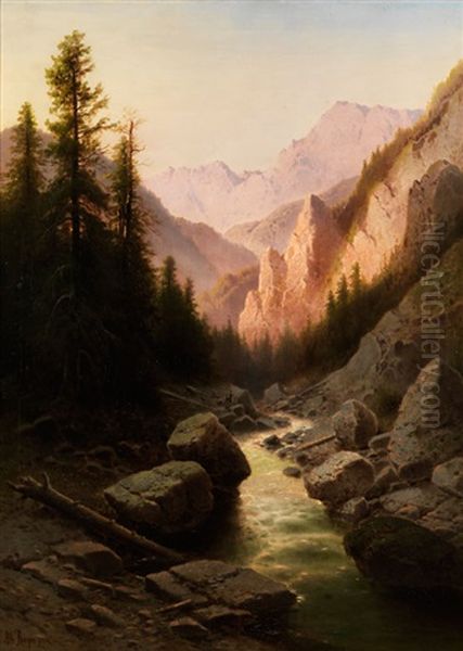 Hochalpenlandschaft Im Spatlicht Mit Bergbach Oil Painting by Albert Rieger