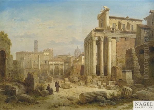 Blick Auf Das Forum Romanum Mit Dem Septimius Severus-bogen Und Dem Tempel Der Faustina Und Des Antonius Pius Oil Painting by Albert Rieger