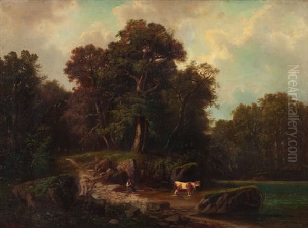 Teichlandschaft Mit Bauerin Und Kuh Oil Painting by Albert Rieger