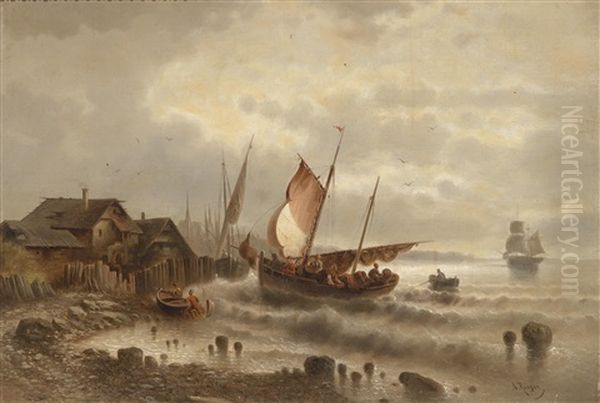 Segelschiffe Vor Der Kuste Oil Painting by Albert Rieger