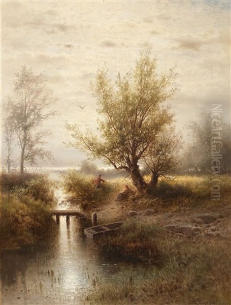 Bachlauf Mit Angler Oil Painting by Albert Rieger