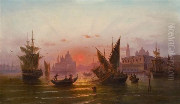 Coucher De Soleil Sur La Lagune De Venise Oil Painting by Albert Rieger