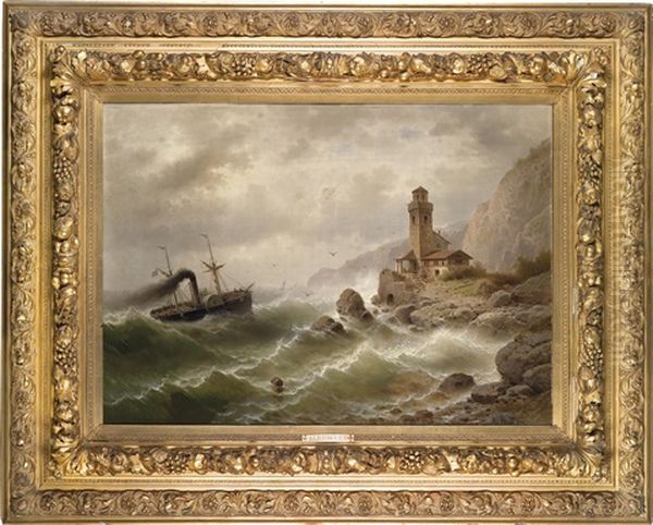 Dampfschiff Vor Der Kuste Oil Painting by Albert Rieger